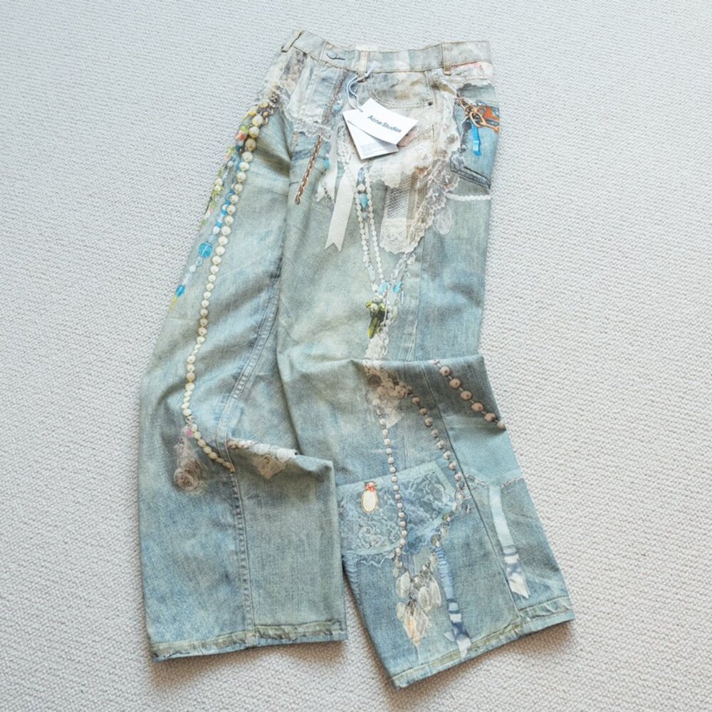 Acne Studios Lace and Pearl Chain Print Wide-Leg Denim Trousers - Picture 4 of 9